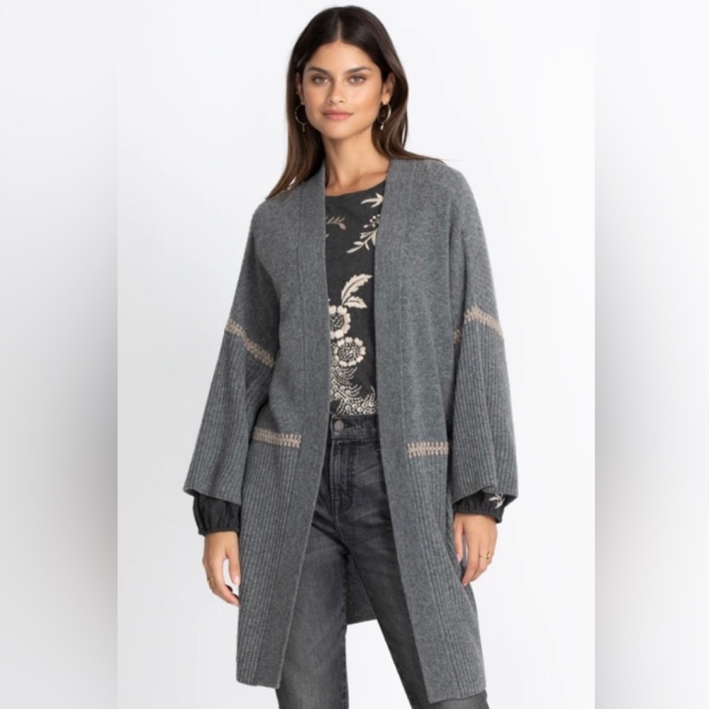 Johnny Was Thermal Ribbed Knit Wool Kimono Charcoal Grey